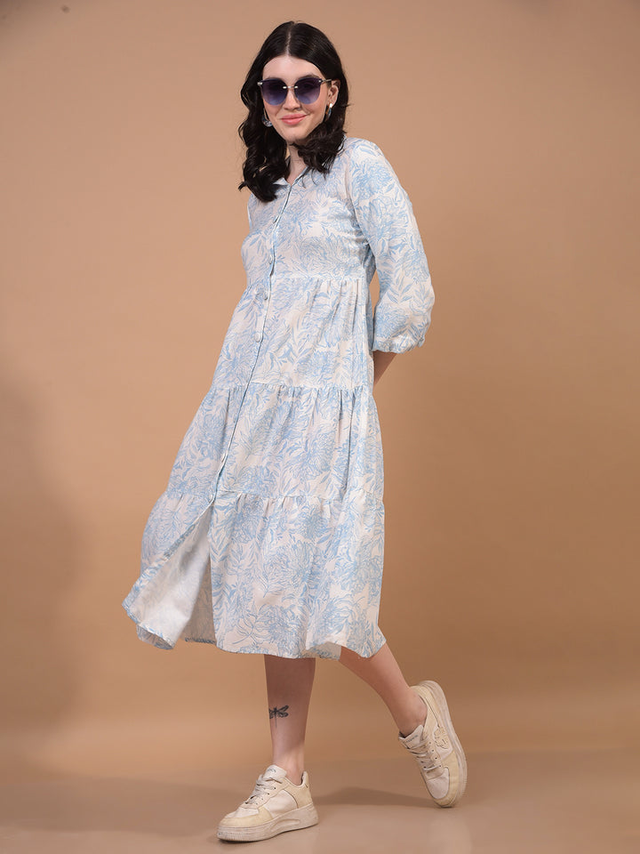 Blue Floral Print Linen A-Line Dress-Women Dress-Crimsoune Club