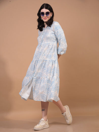 Blue Floral Print Linen A-Line Dress-Women Dress-Crimsoune Club