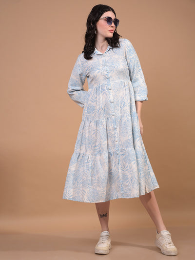Blue Floral Print Linen A-Line Dress-Women Dress-Crimsoune Club