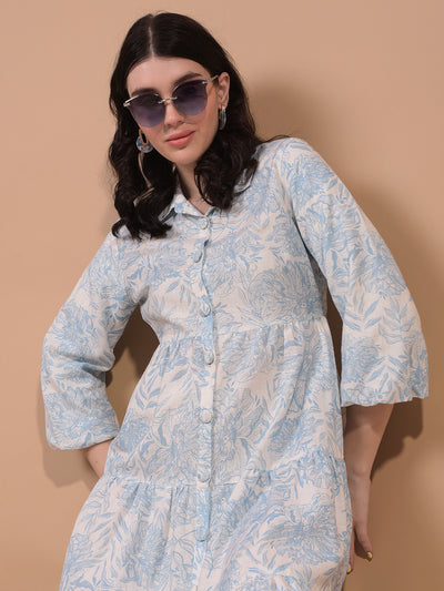 Blue Floral Print Linen A-Line Dress-Women Dress-Crimsoune Club