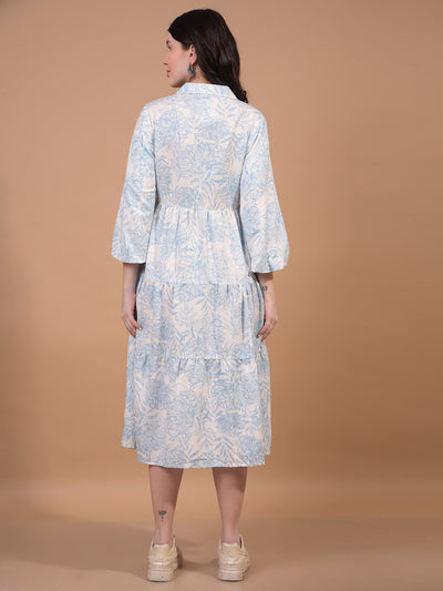 Blue Floral Print Linen A-Line Dress-Women Dress-Crimsoune Club