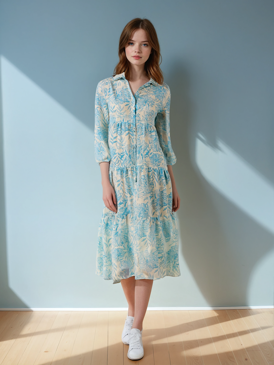 Blue Floral Print Linen A-Line Dress-Women Dress-Crimsoune Club