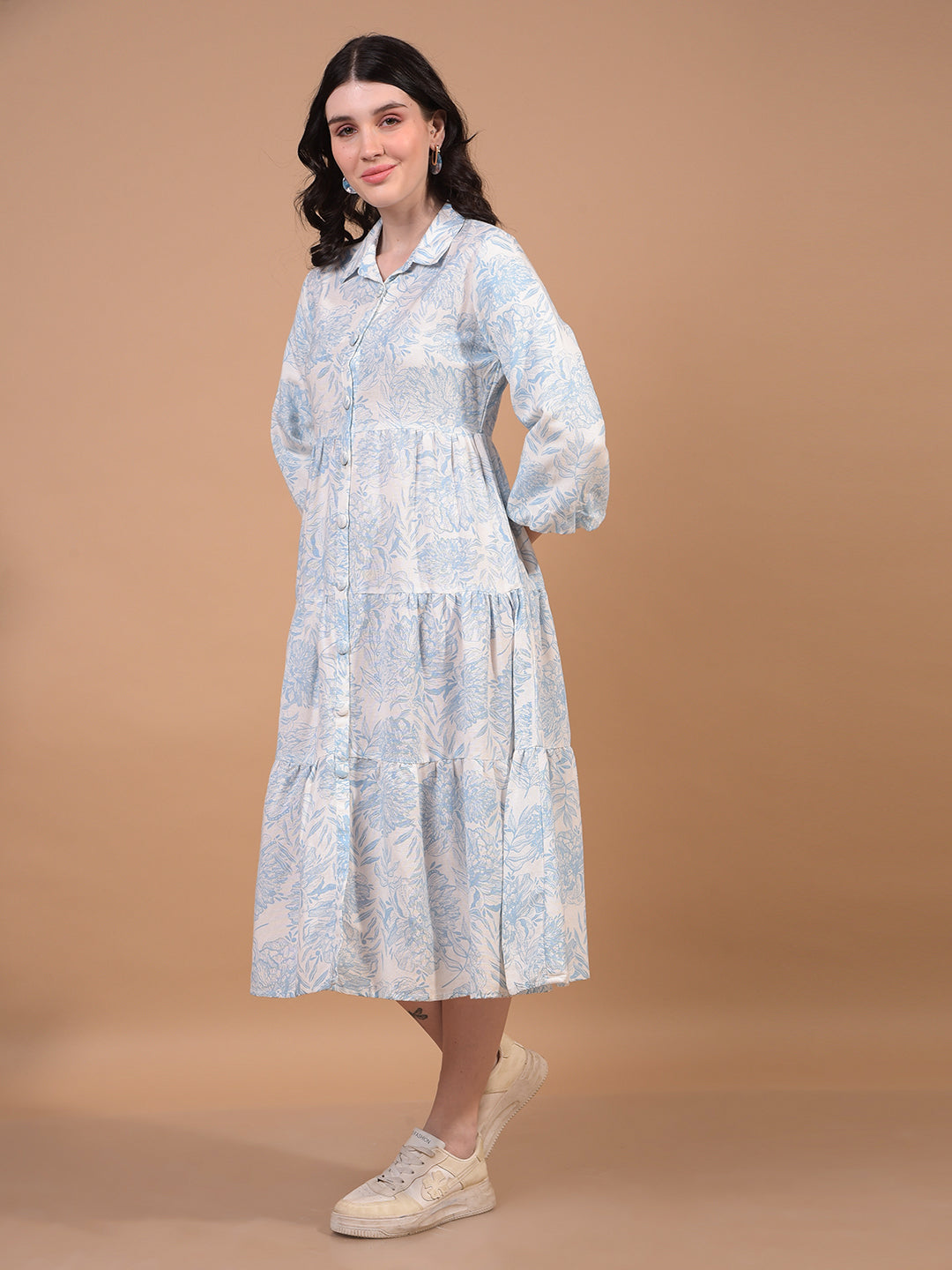 Blue Floral Print Linen A-Line Dress-Women Dress-Crimsoune Club