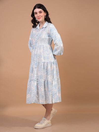 Blue Floral Print Linen A-Line Dress-Women Dress-Crimsoune Club