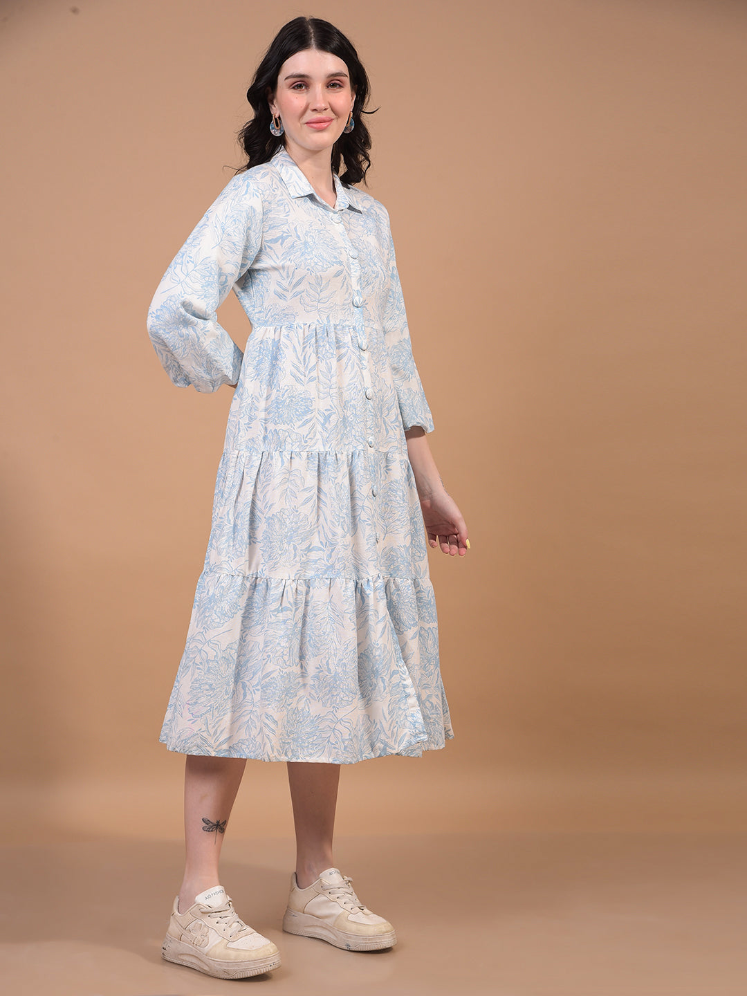 Blue Floral Print Linen A-Line Dress-Women Dress-Crimsoune Club