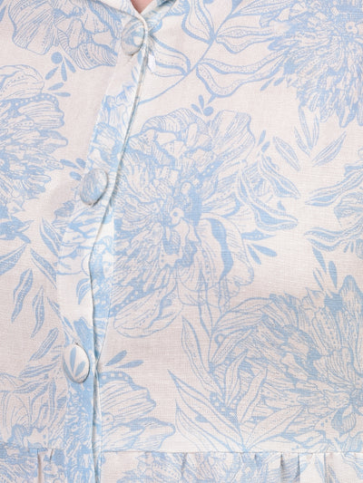 Blue Floral Print Linen A-Line Dress-Women Dress-Crimsoune Club