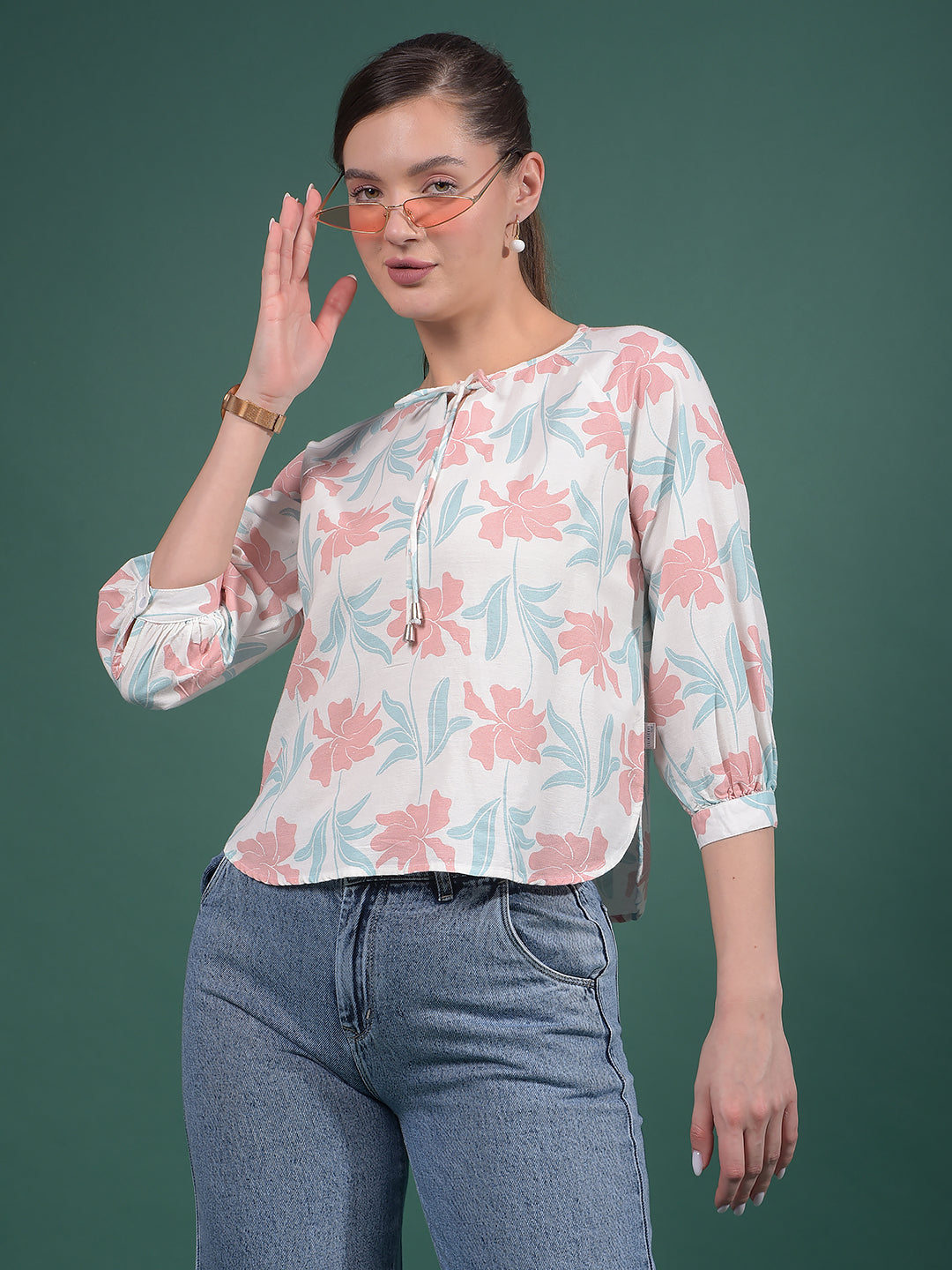 Multi-Color Floral Print Linen Top-Women Tops-Crimsoune Club