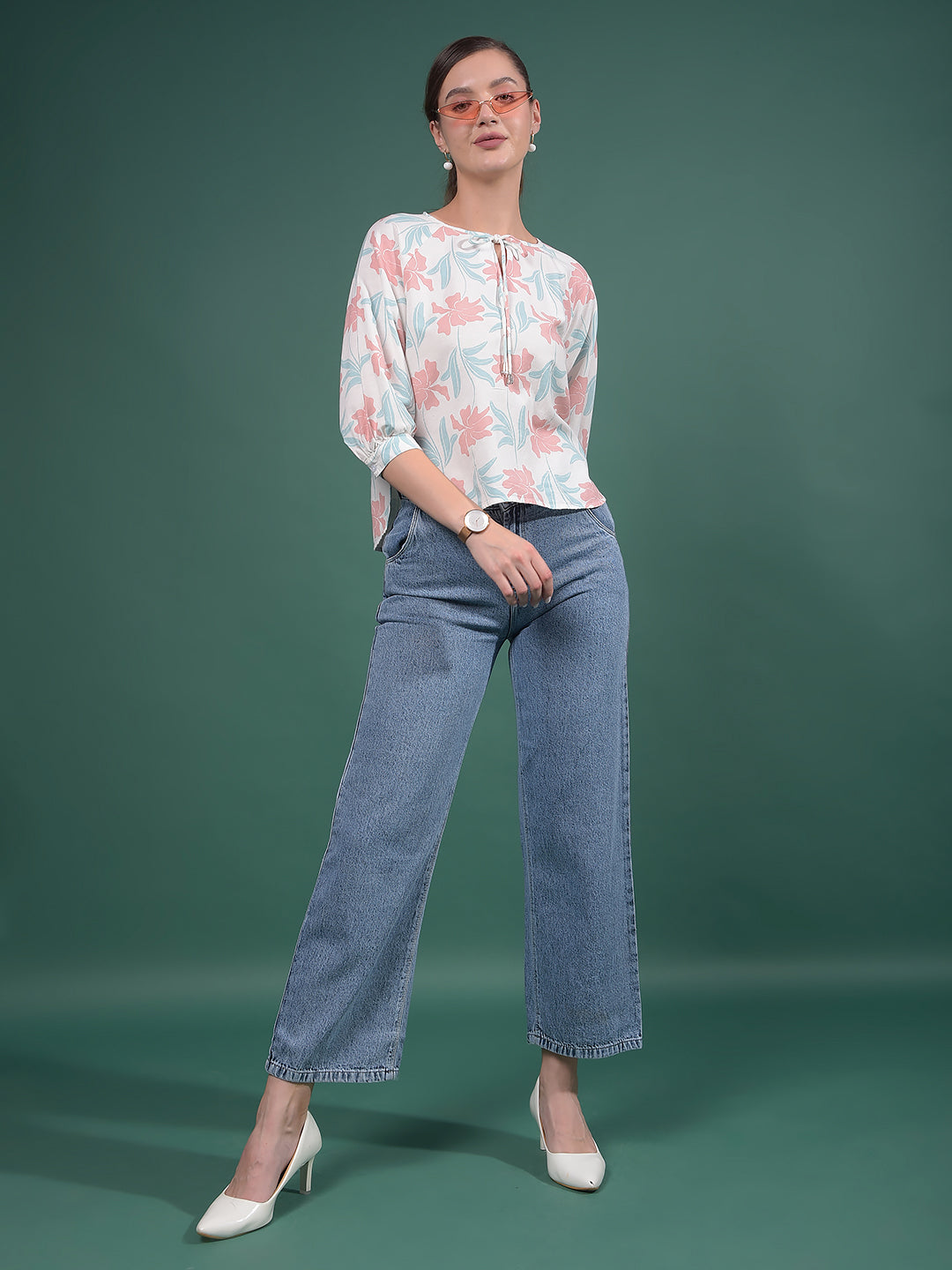 Multi-Color Floral Print Linen Top-Women Tops-Crimsoune Club