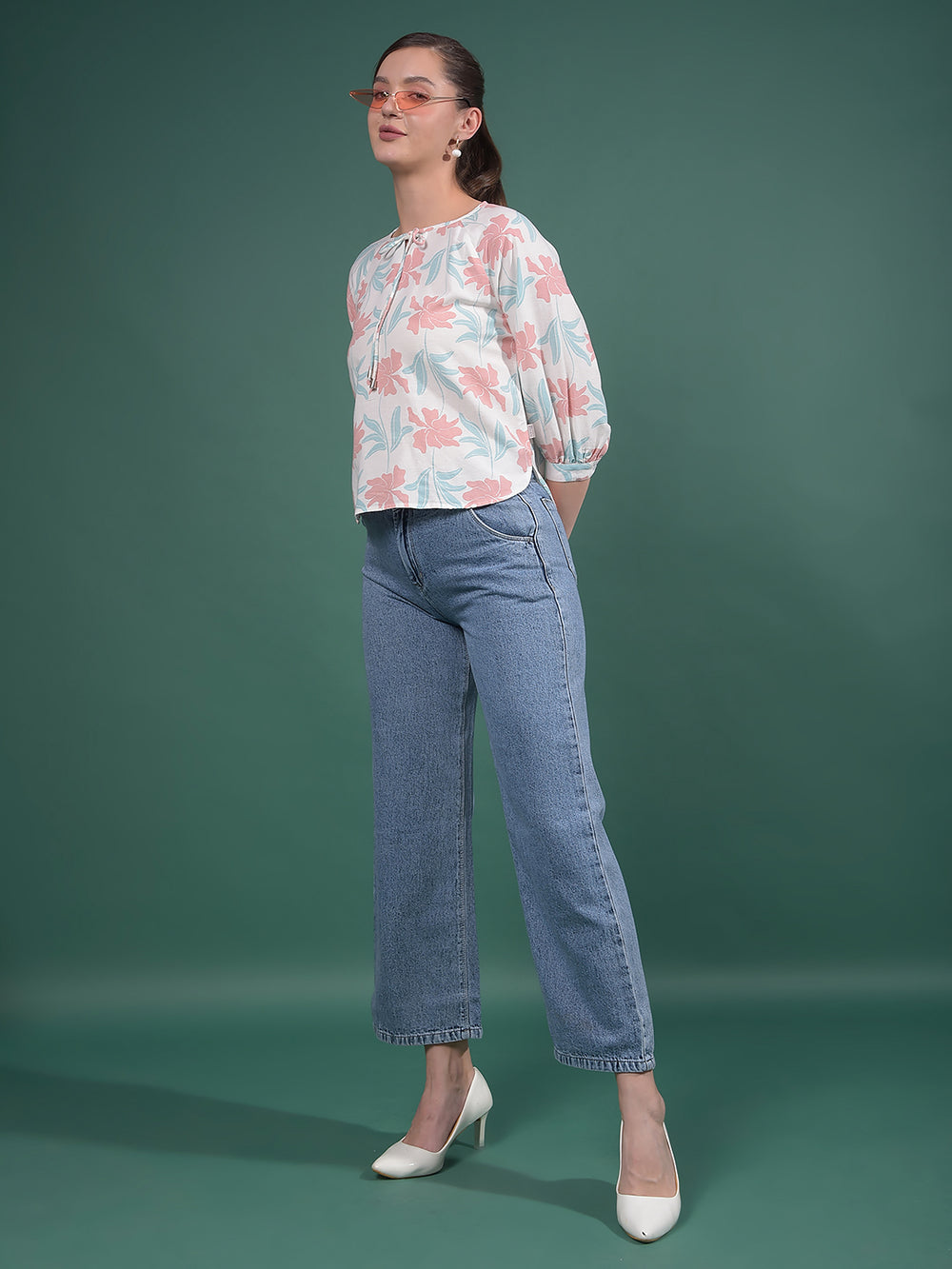 Multi-Color Floral Print Linen Top-Women Tops-Crimsoune Club