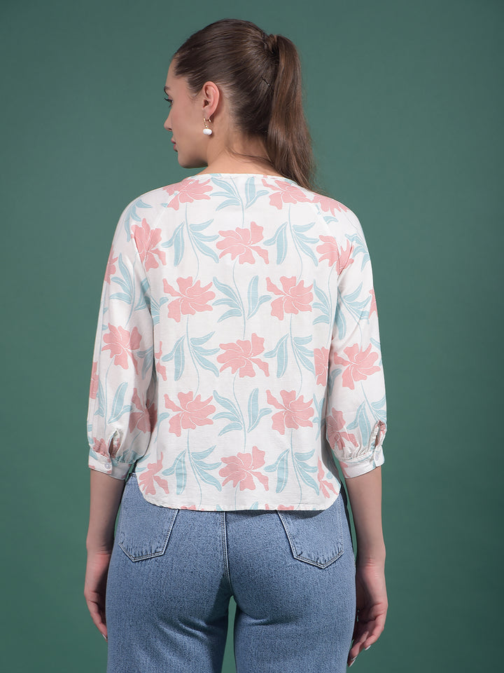 Multi-Color Floral Print Linen Top-Women Tops-Crimsoune Club