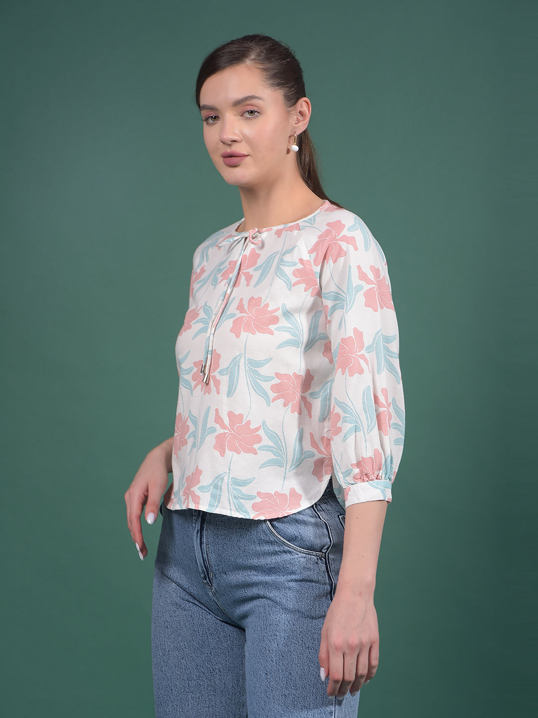 Multi-Color Floral Print Linen Top-Women Tops-Crimsoune Club