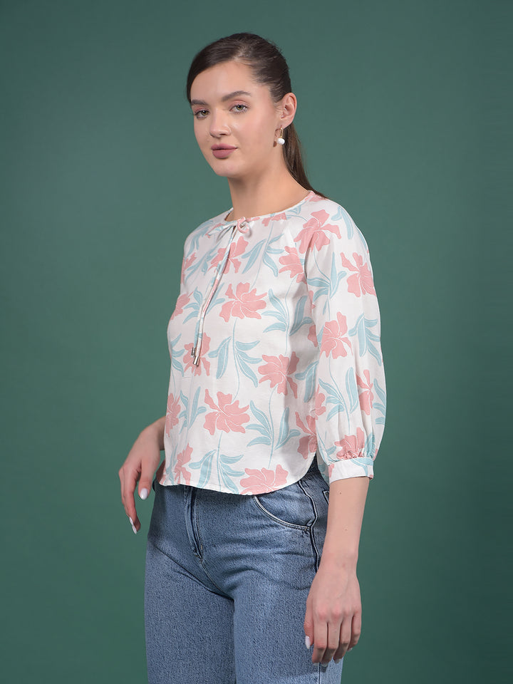 Multi-Color Floral Print Linen Top-Women Tops-Crimsoune Club