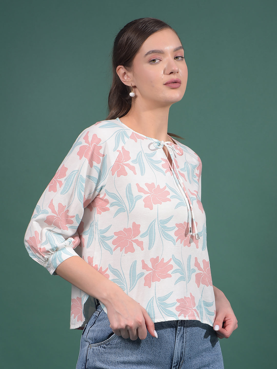 Multi-Color Floral Print Linen Top-Women Tops-Crimsoune Club