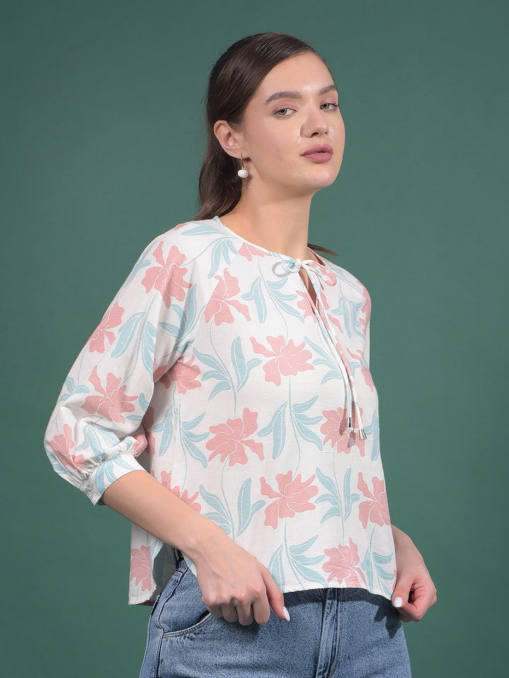Multi-Color Floral Print Linen Top-Women Tops-Crimsoune Club