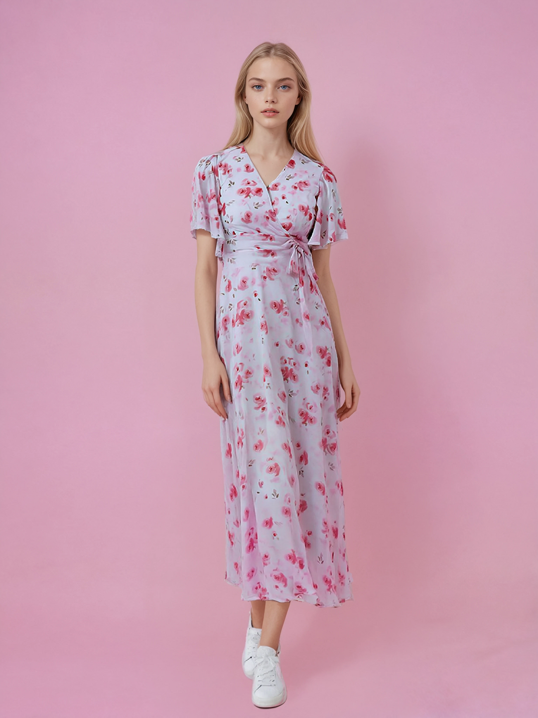 Pink Floral Print V-Neck A-Line Dress-Women Dresses-Crimsoune Club