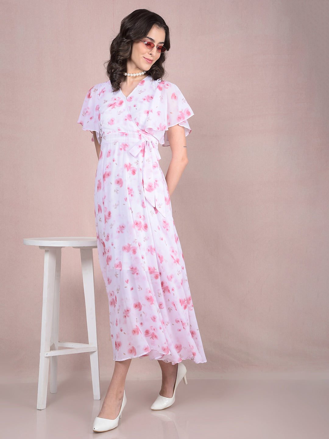 Pink Floral Print V-Neck A-Line Dress-Women Dresses-Crimsoune Club