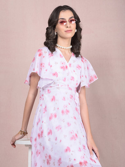 Pink Floral Print V-Neck A-Line Dress-Women Dresses-Crimsoune Club