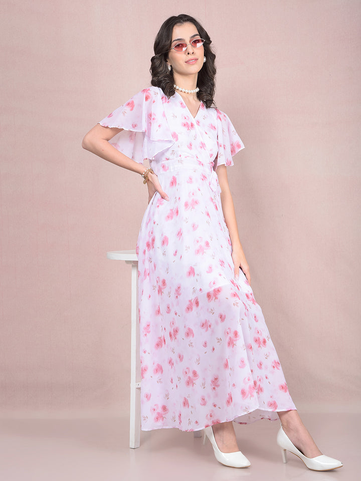 Pink Floral Print V-Neck A-Line Dress-Women Dresses-Crimsoune Club