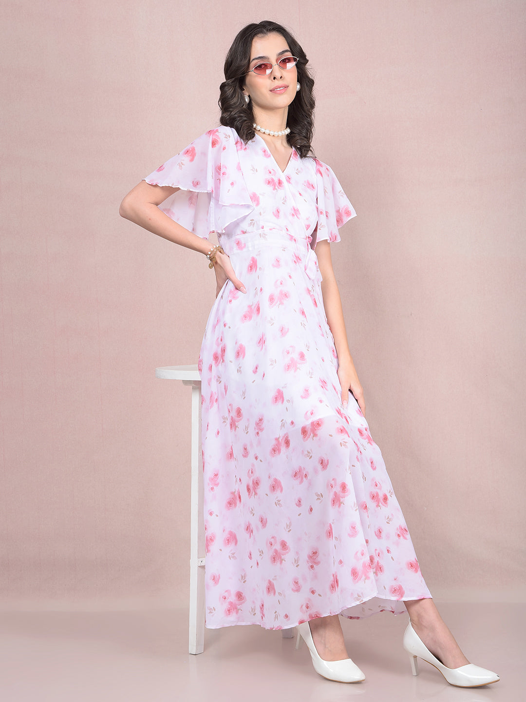 Pink Floral Print V-Neck A-Line Dress-Women Dresses-Crimsoune Club