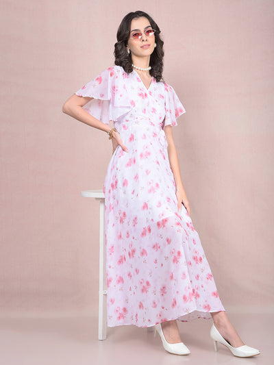 Pink Floral Print V-Neck A-Line Dress-Women Dresses-Crimsoune Club