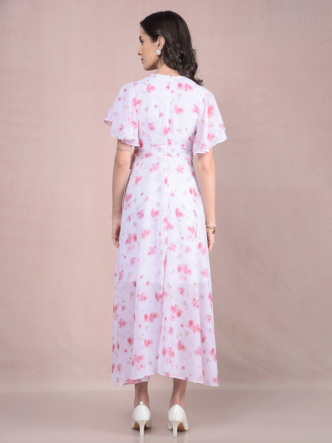 Pink Floral Print V-Neck A-Line Dress-Women Dresses-Crimsoune Club