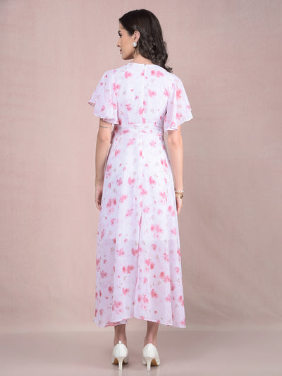 Pink Floral Print V-Neck A-Line Dress-Women Dresses-Crimsoune Club