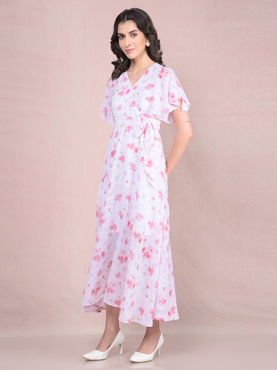 Pink Floral Print V-Neck A-Line Dress-Women Dresses-Crimsoune Club