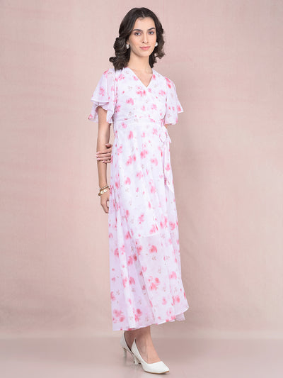Pink Floral Print V-Neck A-Line Dress-Women Dresses-Crimsoune Club
