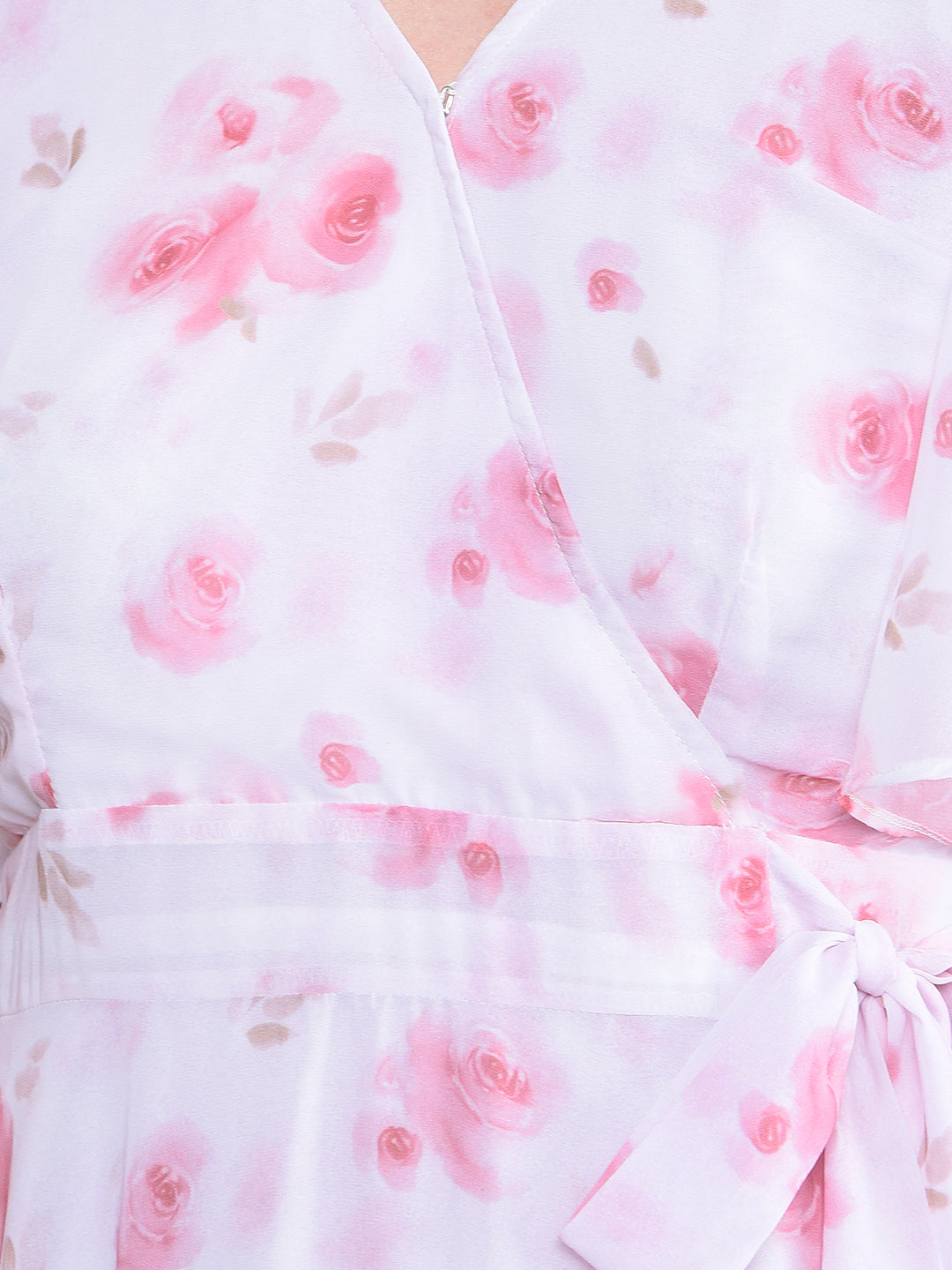 Pink Floral Print V-Neck A-Line Dress-Women Dresses-Crimsoune Club