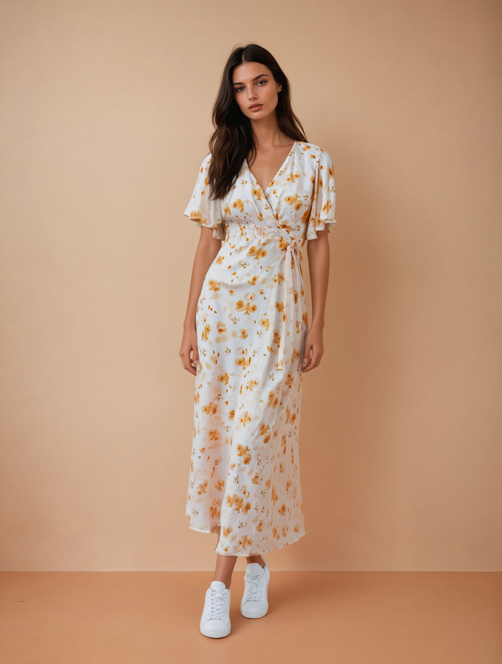 Women's Peach Floral Print V-Neck A-Line Dress-Women Dress-Crimsoune Club