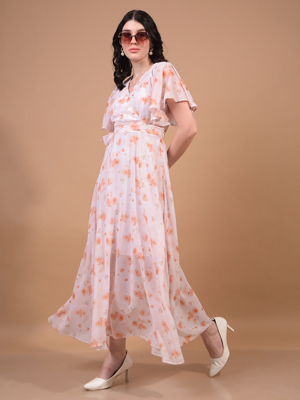 Women's Peach Floral Print V-Neck A-Line Dress-Women Dress-Crimsoune Club