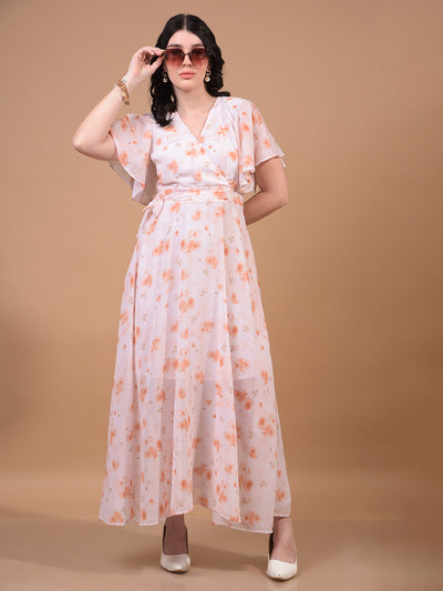 Women's Peach Floral Print V-Neck A-Line Dress-Women Dress-Crimsoune Club