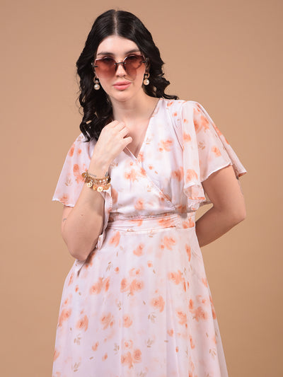 Women's Peach Floral Print V-Neck A-Line Dress-Women Dress-Crimsoune Club