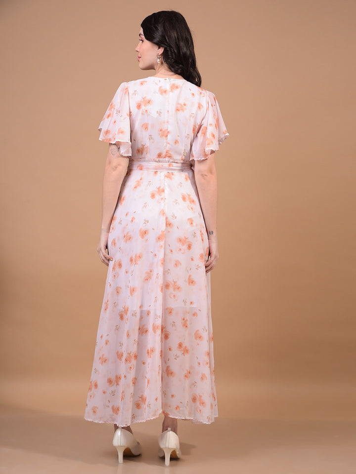Women's Peach Floral Print V-Neck A-Line Dress-Women Dress-Crimsoune Club