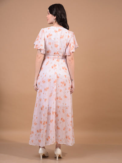 Women's Peach Floral Print V-Neck A-Line Dress-Women Dress-Crimsoune Club
