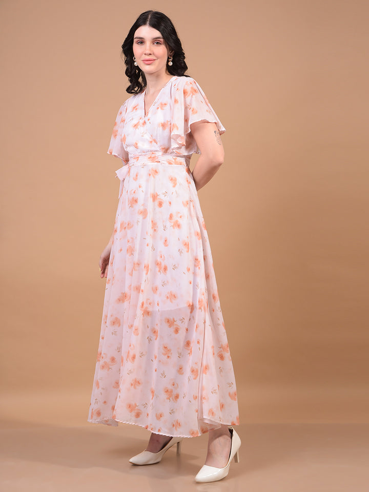 Women's Peach Floral Print V-Neck A-Line Dress-Women Dress-Crimsoune Club