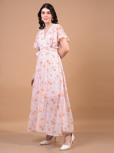 Women's Peach Floral Print V-Neck A-Line Dress-Women Dress-Crimsoune Club