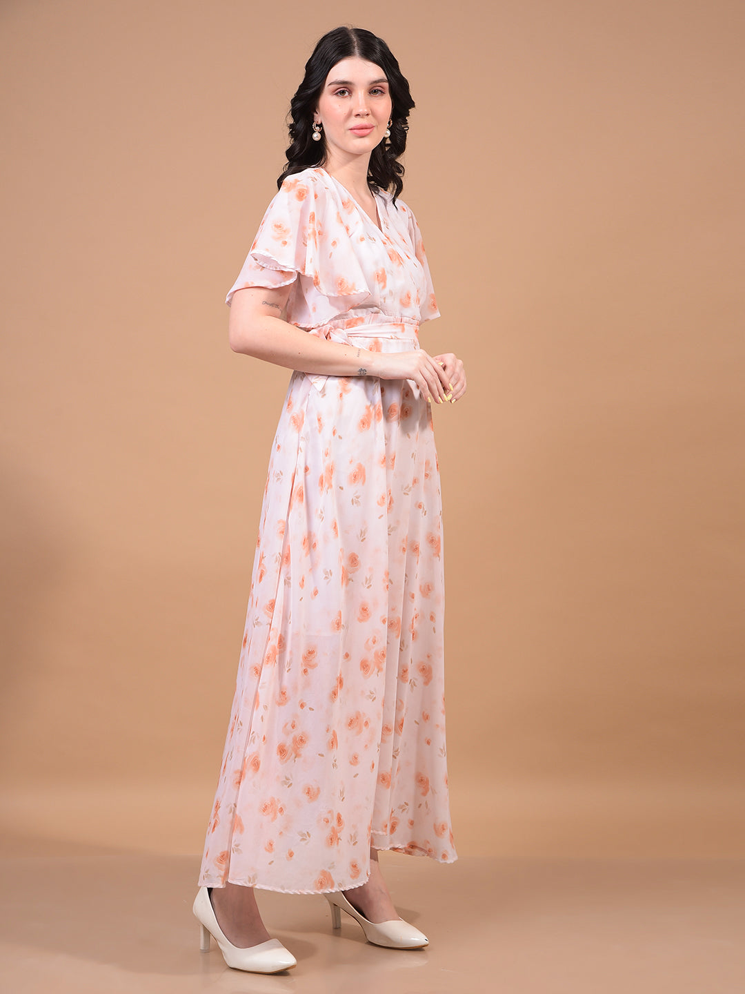 Women's Peach Floral Print V-Neck A-Line Dress-Women Dress-Crimsoune Club