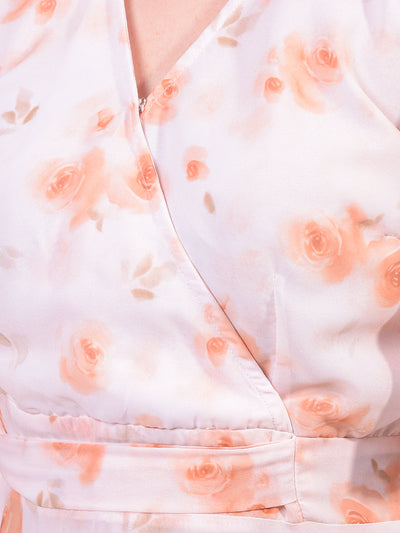 Women's Peach Floral Print V-Neck A-Line Dress-Women Dress-Crimsoune Club