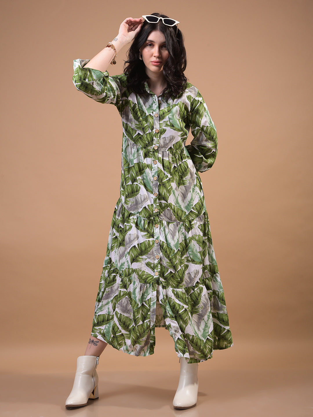 Women's Green Floral Print Linen Shirt Dress-Women Dress-Crimsoune Club