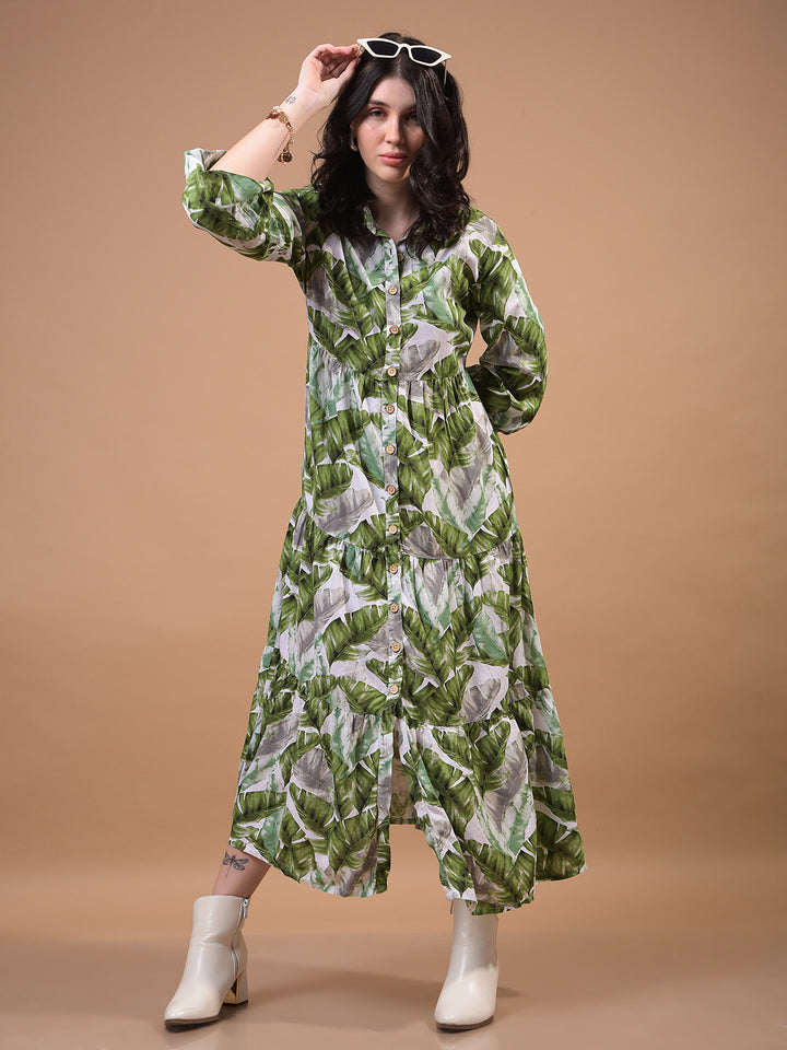 Women's Green Floral Print Linen Shirt Dress-Women Dress-Crimsoune Club