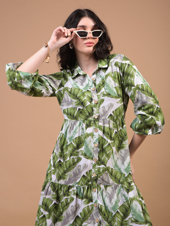 Women's Green Floral Print Linen Shirt Dress-Women Dress-Crimsoune Club