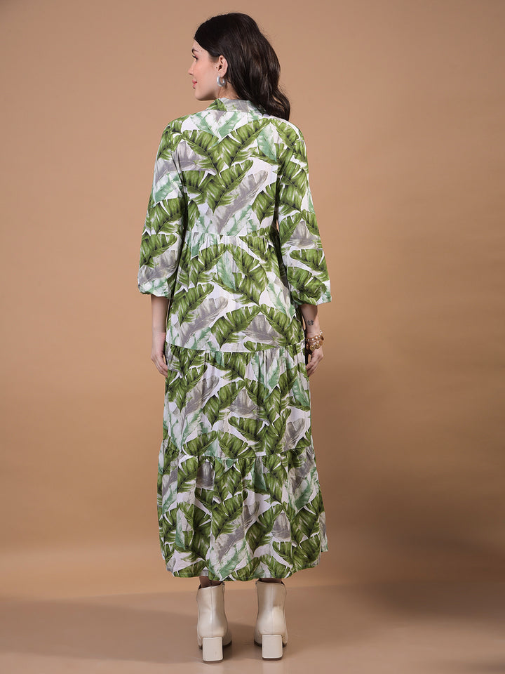 Women's Green Floral Print Linen Shirt Dress-Women Dress-Crimsoune Club