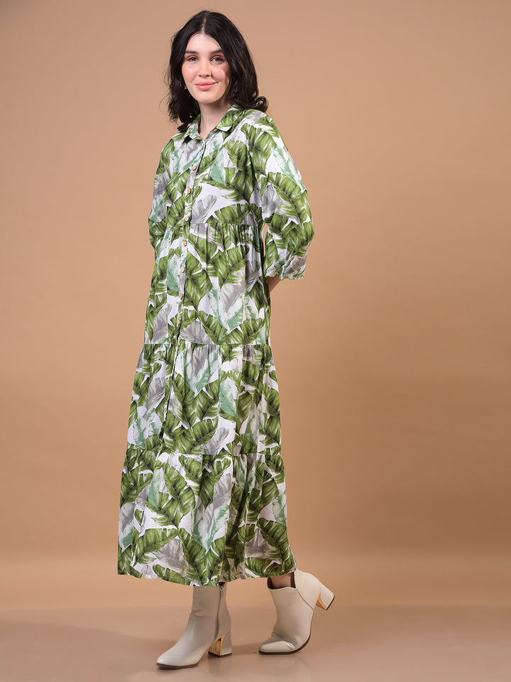 Women's Green Floral Print Linen Shirt Dress-Women Dress-Crimsoune Club