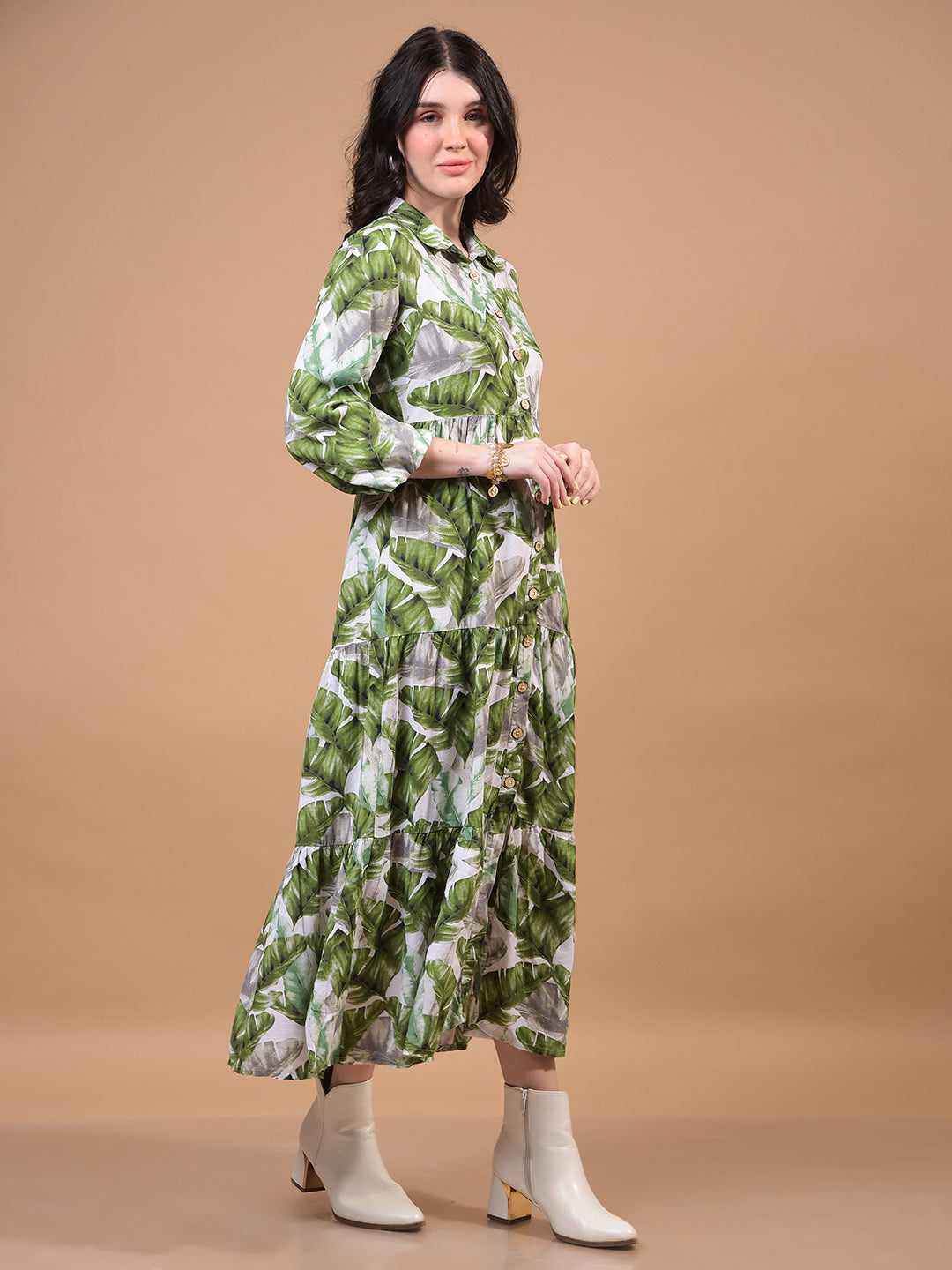 Women's Green Floral Print Linen Shirt Dress-Women Dress-Crimsoune Club