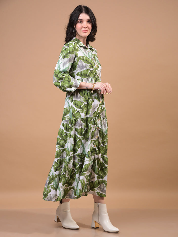 Women's Green Floral Print Linen Shirt Dress-Women Dress-Crimsoune Club