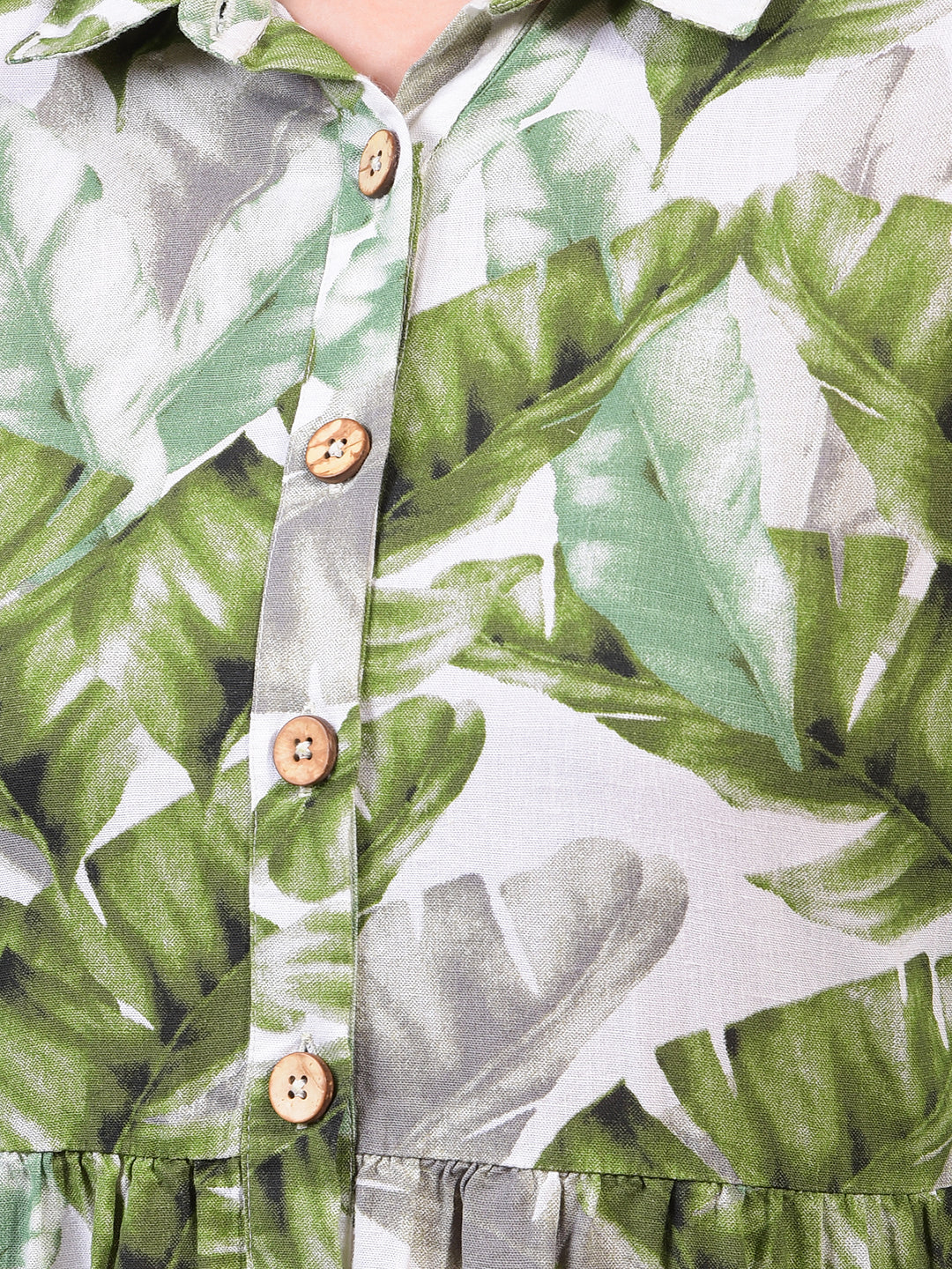 Women's Green Floral Print Linen Shirt Dress-Women Dress-Crimsoune Club