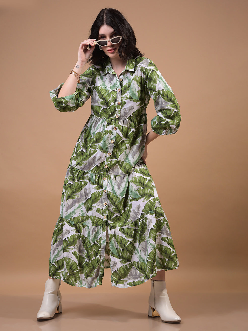 Women's Green Floral Print Linen Shirt Dress-Women Dress-Crimsoune Club