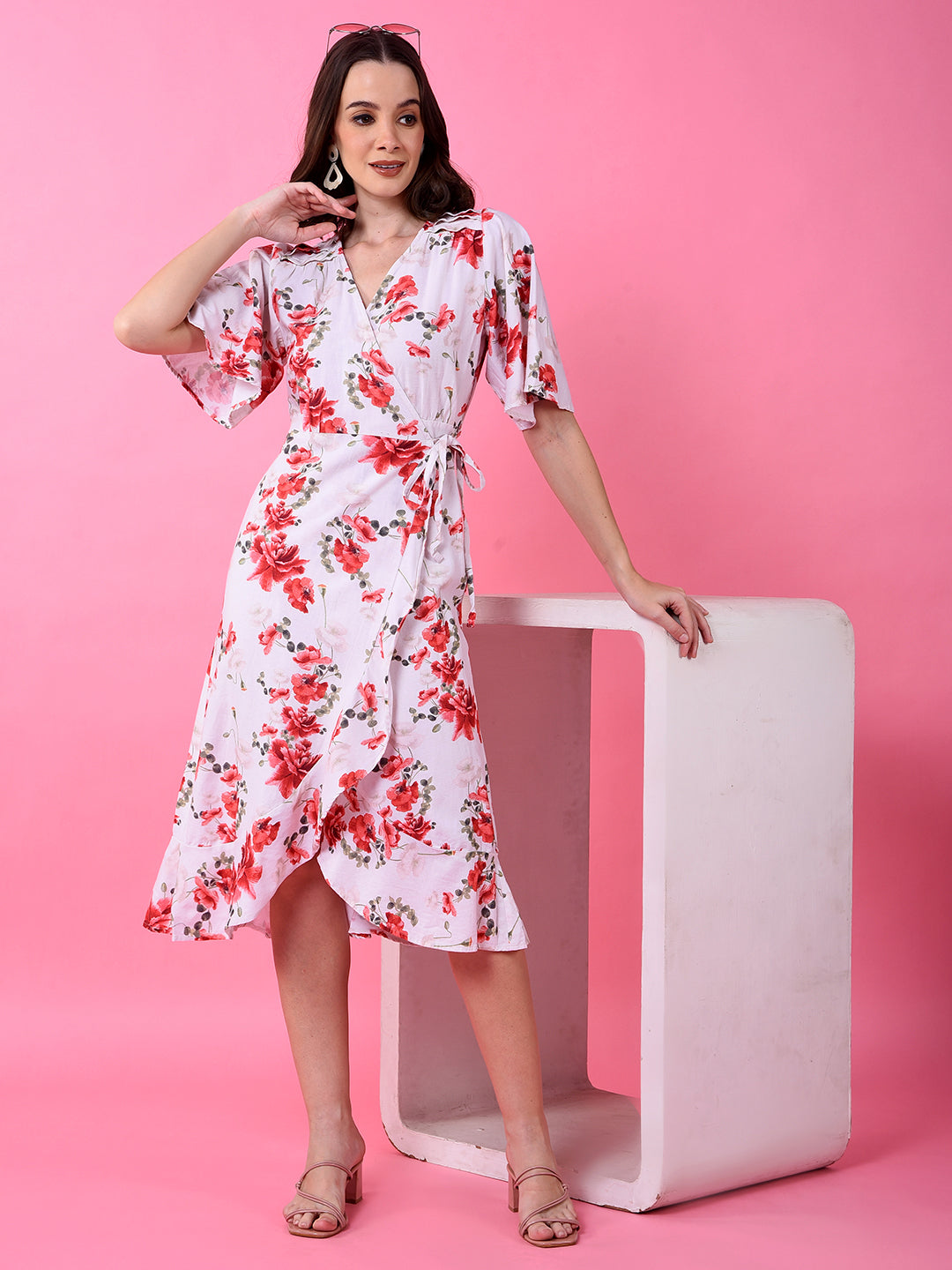 Red Floral Print V-Neck Linen Dress-Women Dress-Crimsoune Club