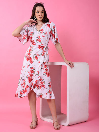 Red Floral Print V-Neck Linen Dress-Women Dress-Crimsoune Club